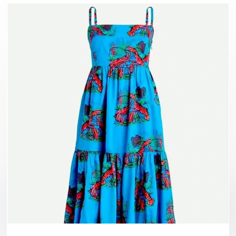 J. Crew Blue Tropical Print Midi Dress with Red Accents